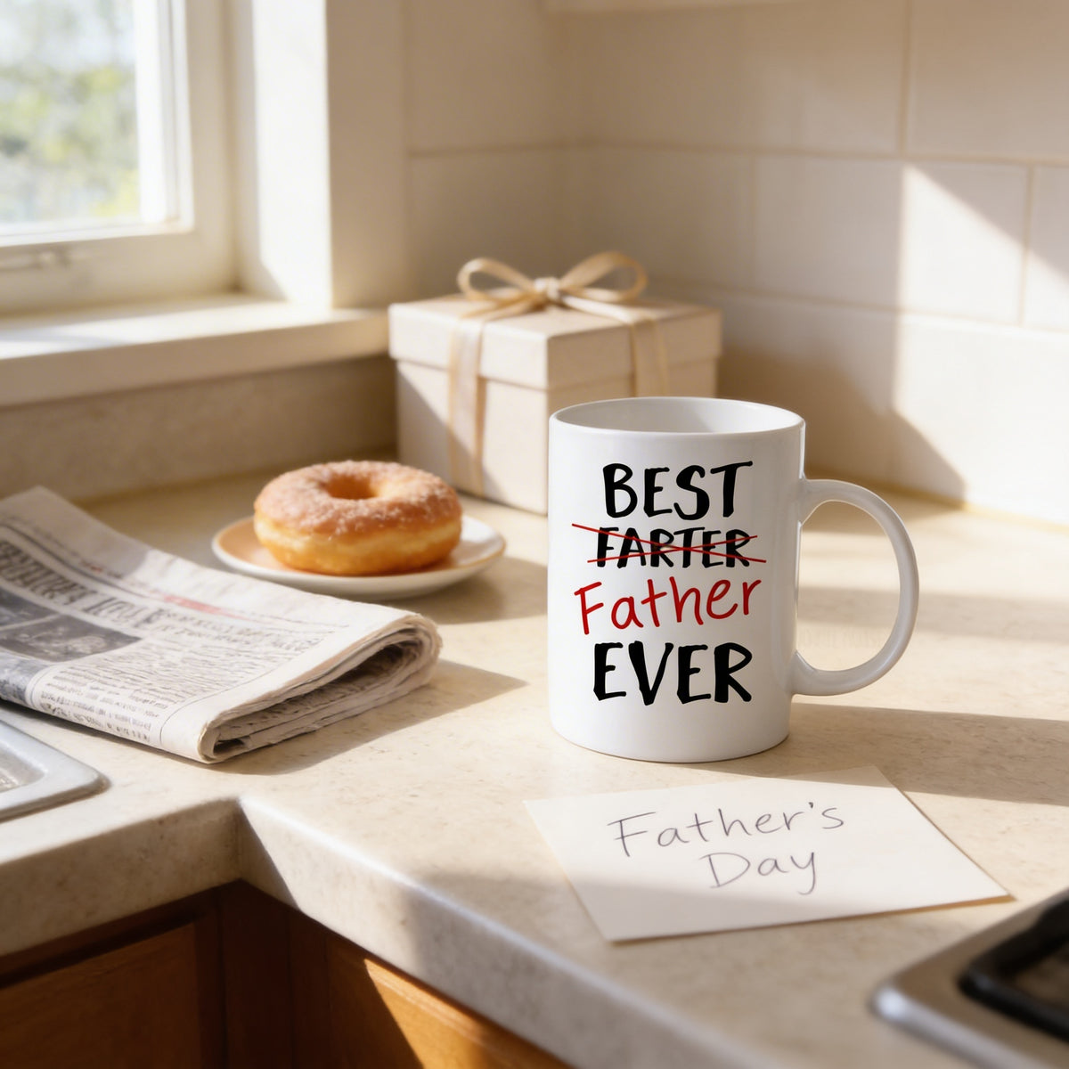 a kitchen counter with a white mug with the text "BEST FASTER FATHER EVER" printed on it, a newspaper, a box of chocolates, and a note that says "Father's Day".