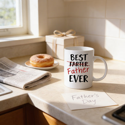 a kitchen counter with a white mug with the text "BEST FASTER FATHER EVER" printed on it, a newspaper, a box of chocolates, and a note that says "Father's Day".