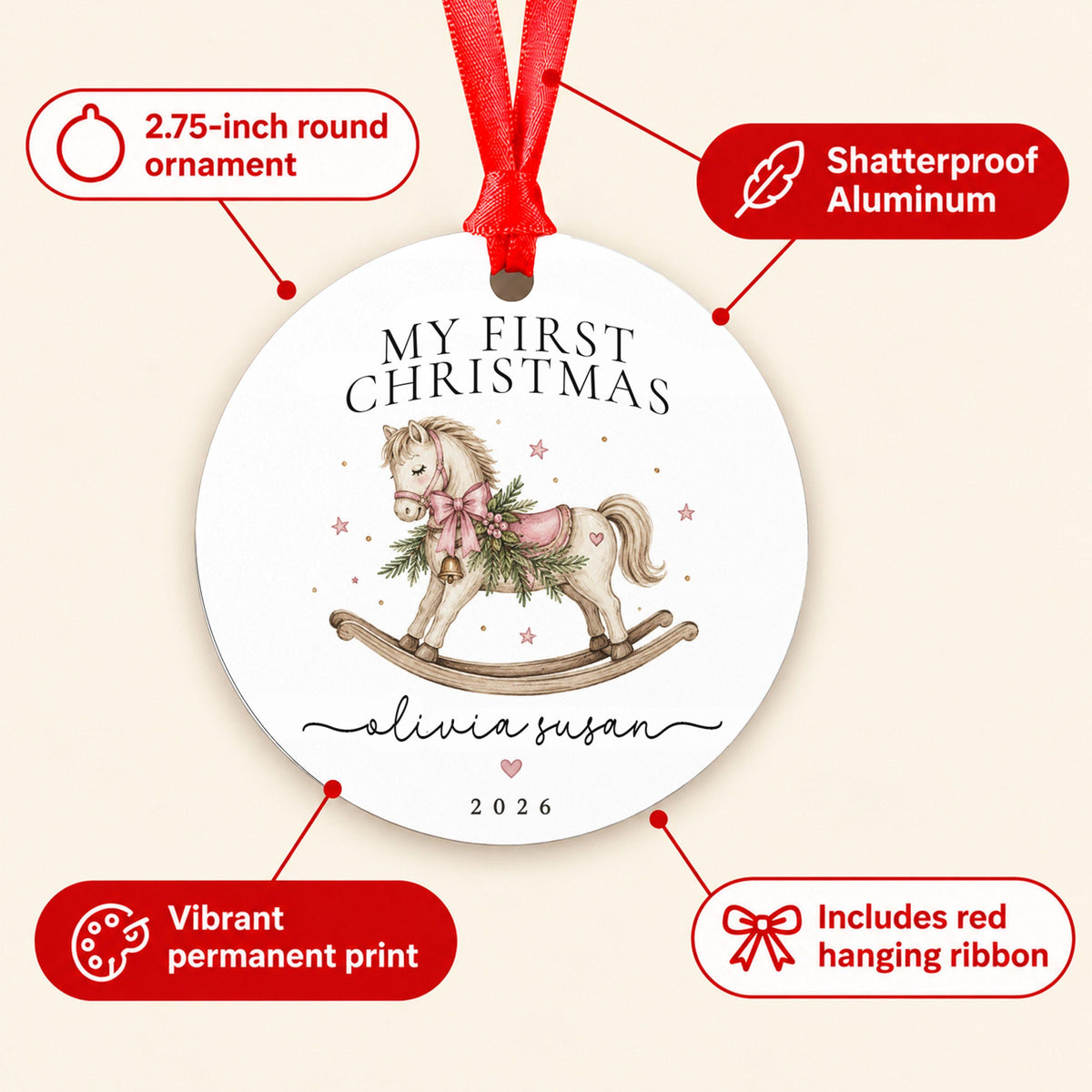 Baby's First Christmas Ornament Personalized, My First Christmas Rocking Horse, Custom Name Baby Girl Ornament 2026