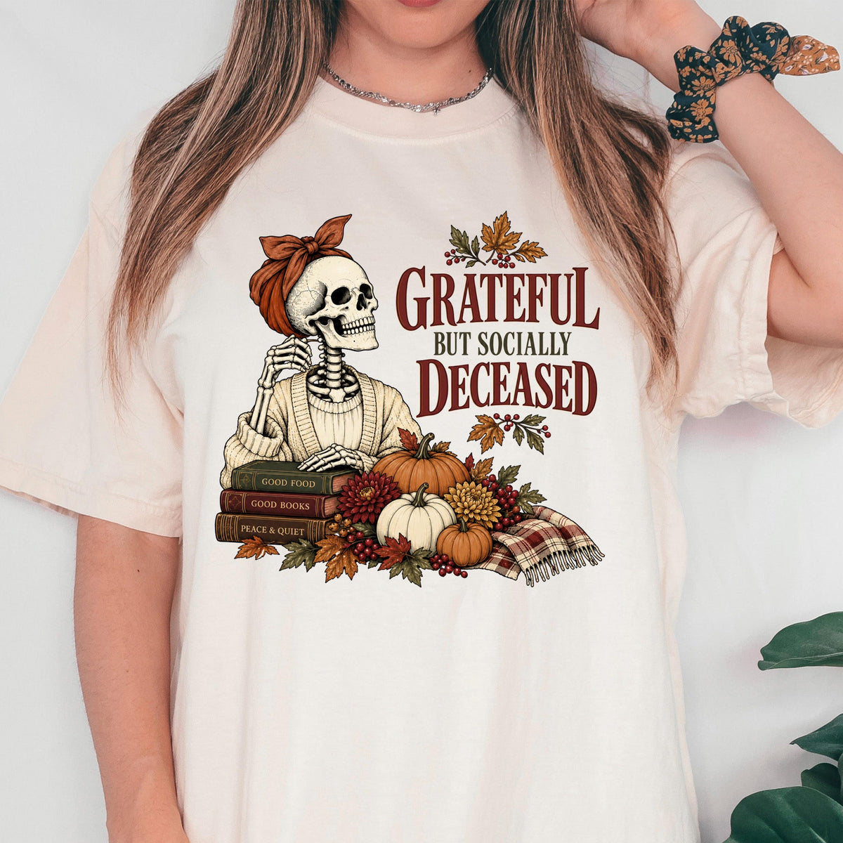 Grateful But Socially Deceased Shirt, Introvert Book Lover Tee, Funny Fall Skeleton Shirt, Bookish Fall Gift, Homebody Reading Top