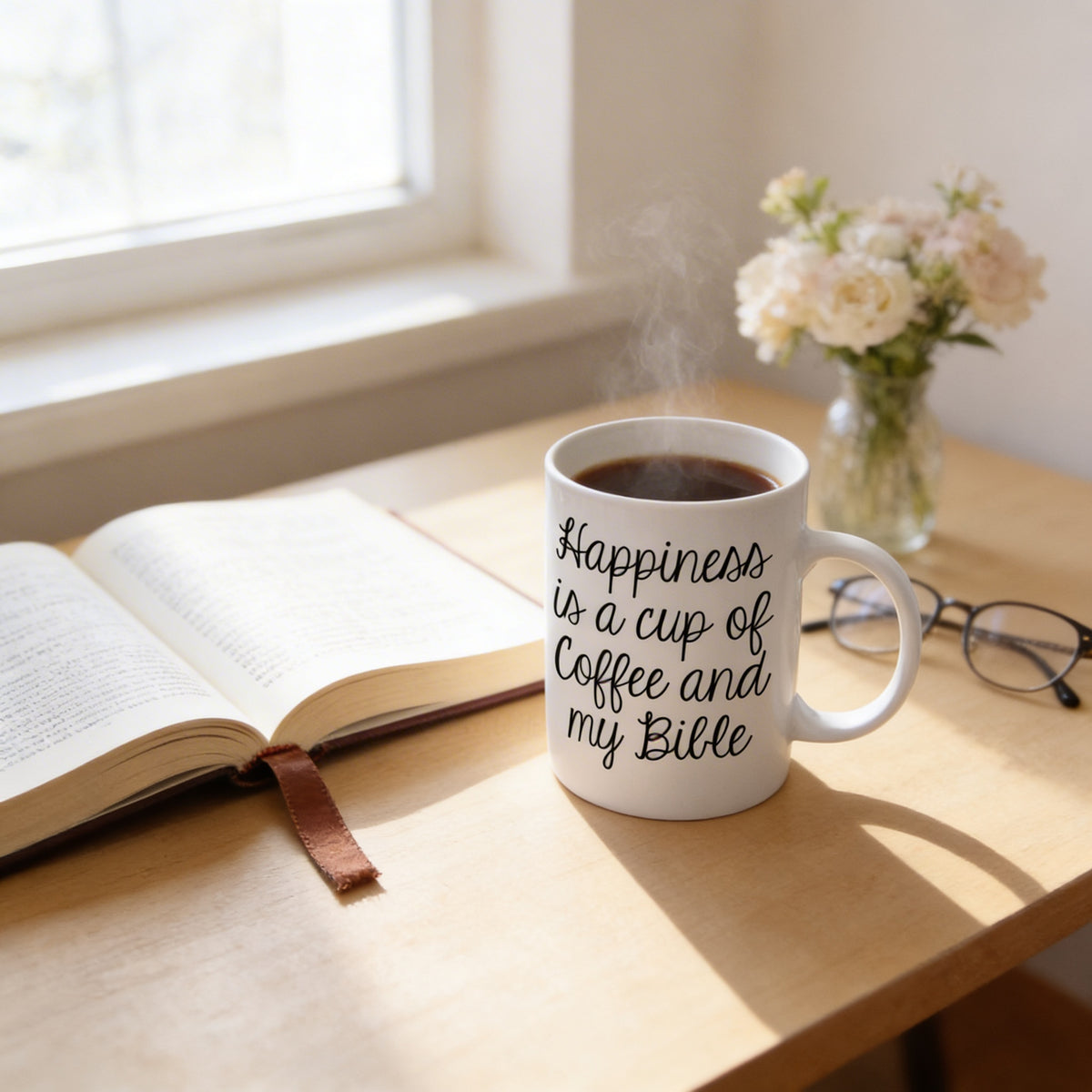 A mug of coffee sits on a wooden table next to an open book, with a vase of flowers and a pair of glasses nearby.