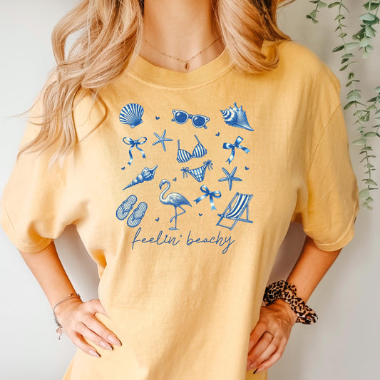 Beach Graphic Tee – Blue Beach Icons, Relaxed Unisex Fit Summer Shirt