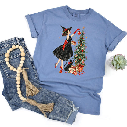 Vintage Christmas Witch Shirt, Elegant Witchy Christmas Tee for Her, Witch Decorating Tree with Black Cat, Retro Cottagecore Xmas Gift
