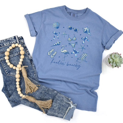 Beach Graphic Tee – Blue Beach Icons, Relaxed Unisex Fit Summer Shirt