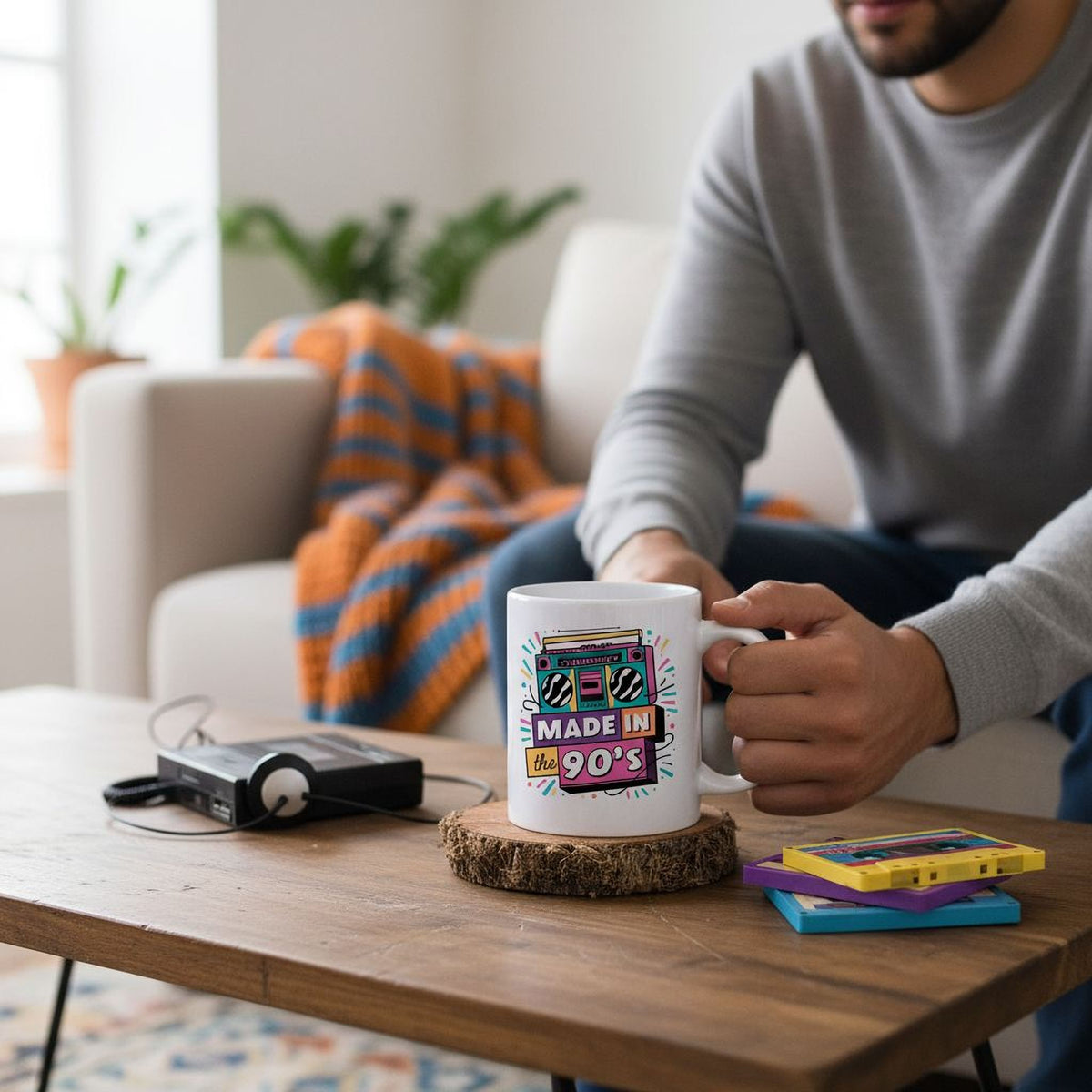 A person is sitting on a couch in a living room, holding a mug with a colorful design that says "I'm Made in the 90's". The mug is placed on a wooden coffee table, which also has a stack of cassette tapes and a black camera.