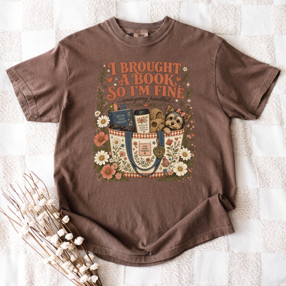 I Brought A Book So Im Fine Shirt, Funny Introvert Book Lover Tee, Books And Caffeine Reading Gift, Better Than Therapy Bookworm Dog Top