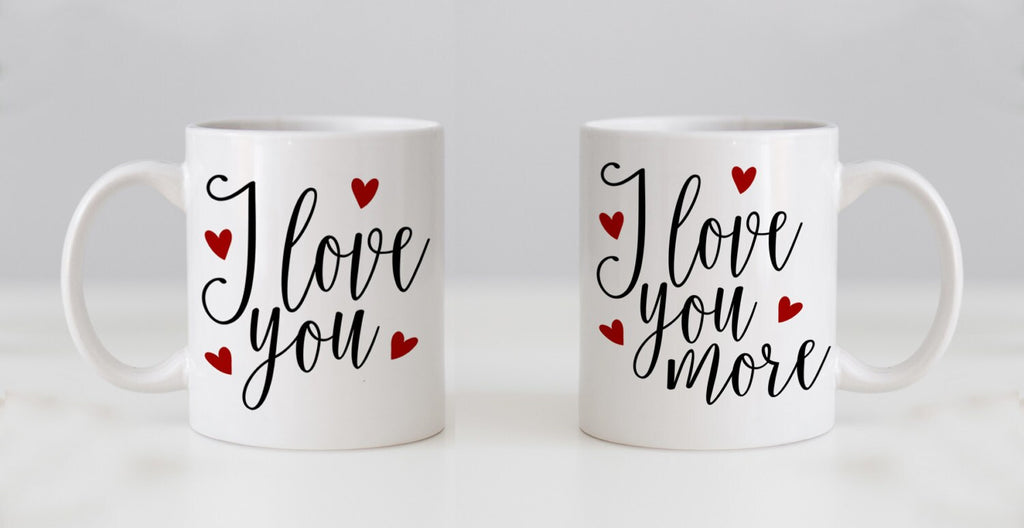 Mug Set, his n hers, I Love You & I Love You More, Valentines Day Gifts, Wedding Gift Coffee Mug Set, Anniversary Gift