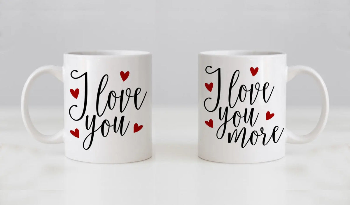 Mug Set, his n hers, I Love You & I Love You More, Valentines Day Gifts, Wedding Gift Coffee Mug Set, Anniversary Gift