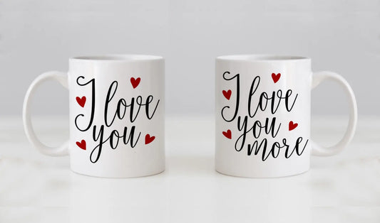 Mug Set, his n hers, I Love You & I Love You More, Valentines Day Gifts, Wedding Gift Coffee Mug Set, Anniversary Gift