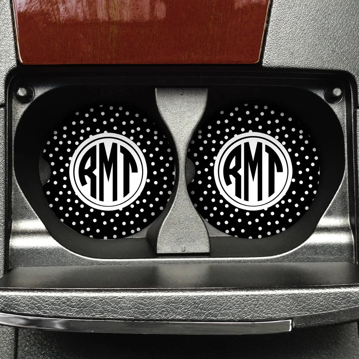 Monogram Car Cup Holder - Circle Monogram Sandstone Polka Dots Car Coasters