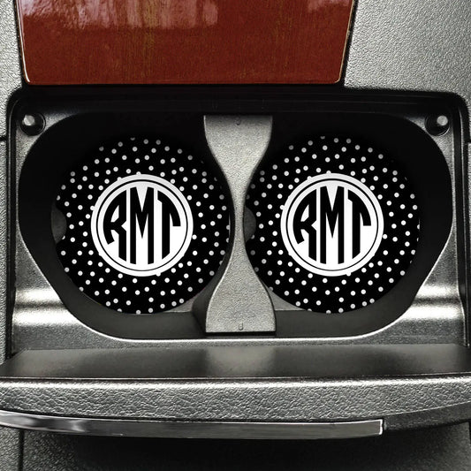 Monogram Car Cup Holder - Circle Monogram Sandstone Polka Dots Car Coasters