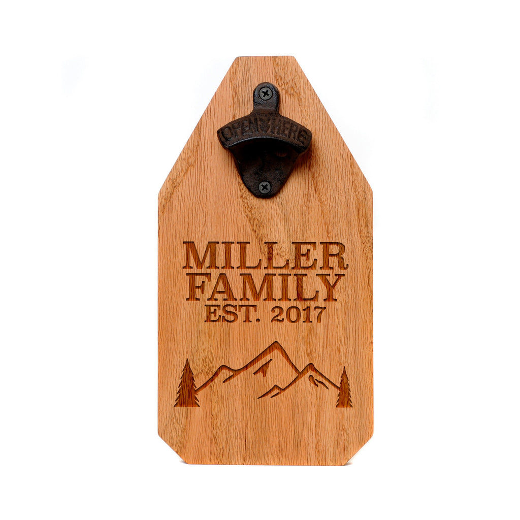 Welcome Wood Sign - Personalized Beer Bottle Opener Wood Sign - Mountains & Evergreen Tree Name Sign
