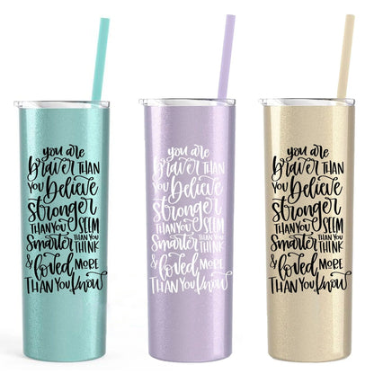 Inspirational Water Bottle, Encouragement Gift, Glitter Skinny Tumbler, Brave Strong Smart Loved Travel Cup
