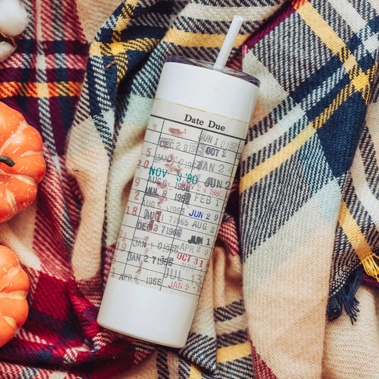 Library Checkout Card Dates Water Bottle, Gift for Reader, Vintage Due Date Stamps Reusable Skinny Tumbler, Stocking Stuffer for Bookworm