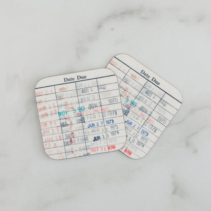 Library Card Coaster - Librarian Gift Set of Coasters - Reading Reader Book - Vintage Library Due Date Card