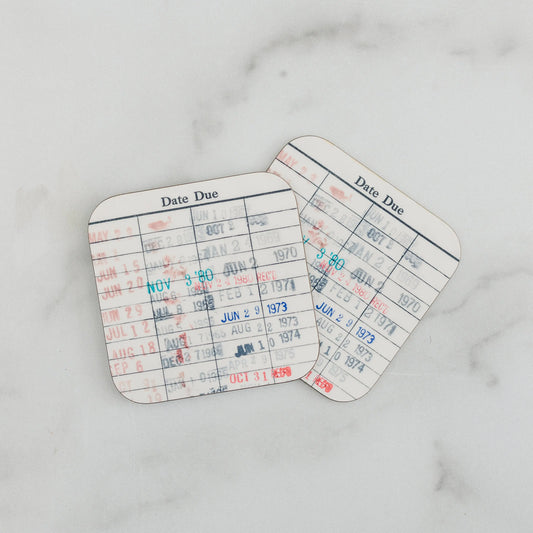 Library Card Coaster - Librarian Gift Set of Coasters - Reading Reader Book - Vintage Library Due Date Card
