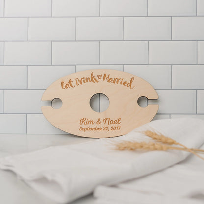 Wine Glass Holder - Wedding Gift - Eat Drink & Be Married - Personalized Wood Wine Glass Carrier