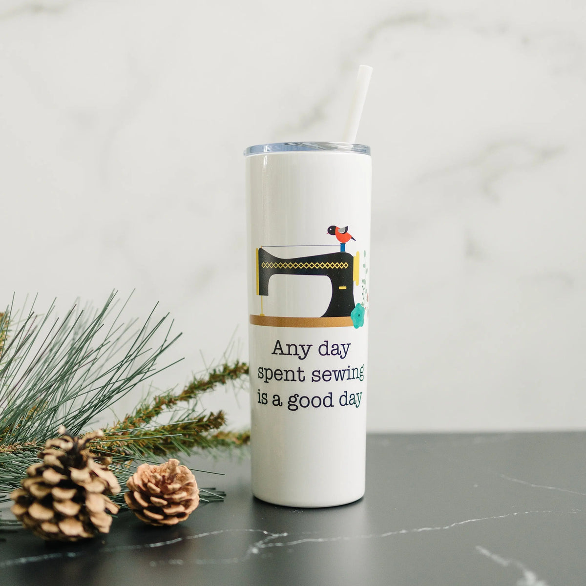 Sewing Travel Cup - Water Bottle Gift for Quilters - Sewing Machine Skinny Tumbler