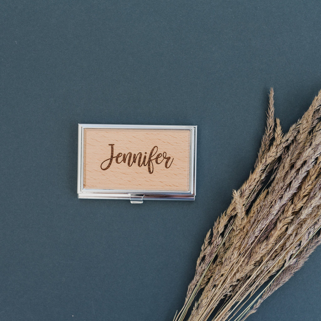 Graduation gift, engraved wood business card holder, personalized gift for her, bamboo card case, compact credit card wallet, office gift