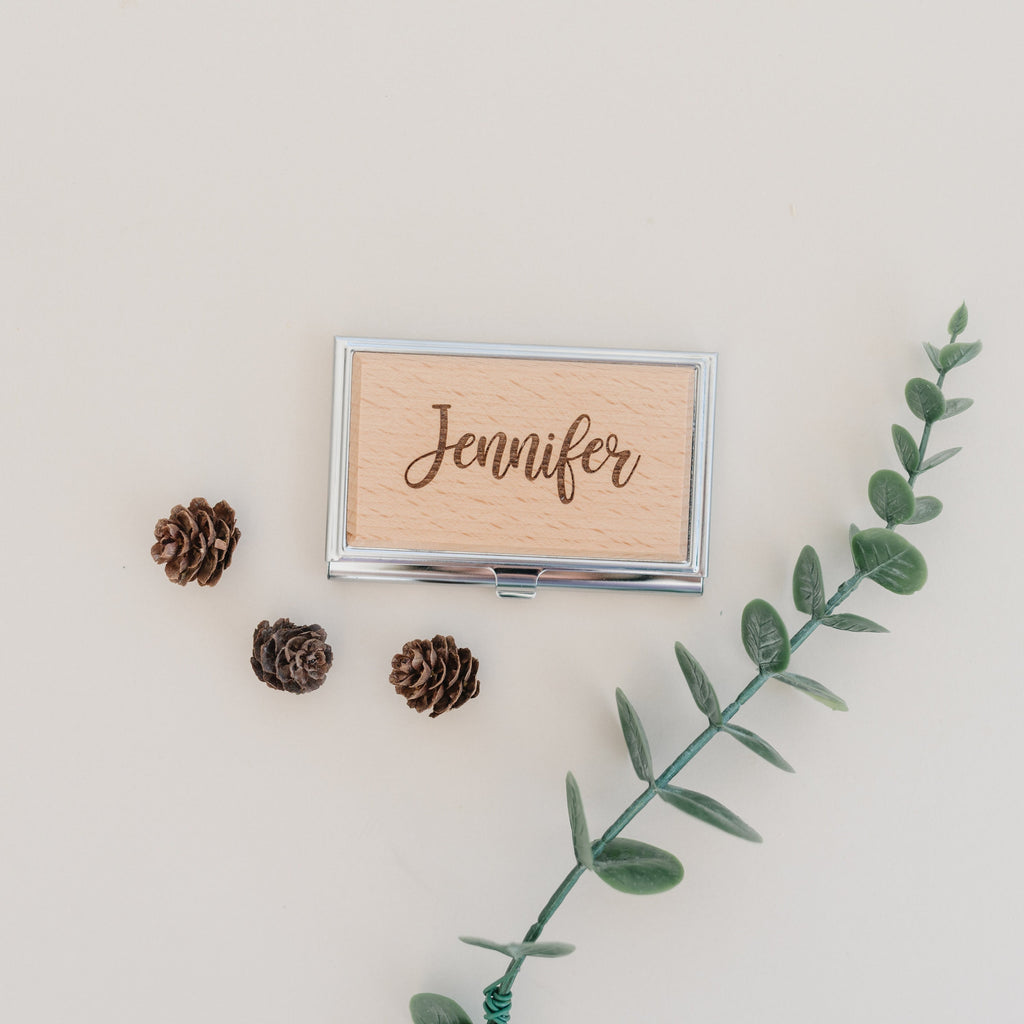 Graduation gift, engraved wood business card holder, personalized gift for her, bamboo card case, compact credit card wallet, office gift