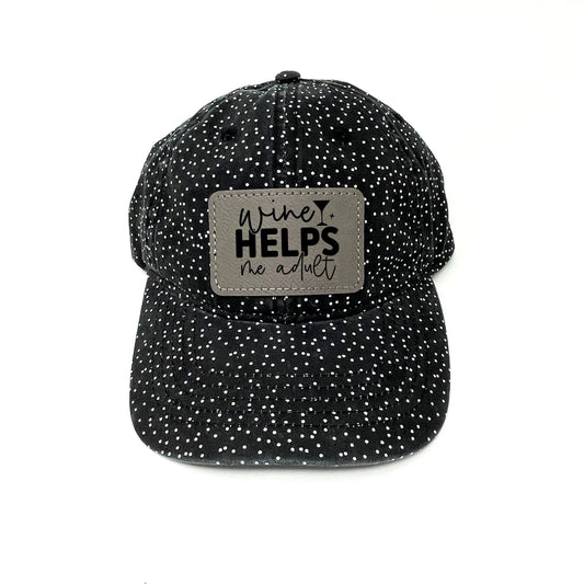 Wine helps me Adult leather patch hat, wine gift for friend, womens baseball cap, birthday gift for her, womens ponytail hats