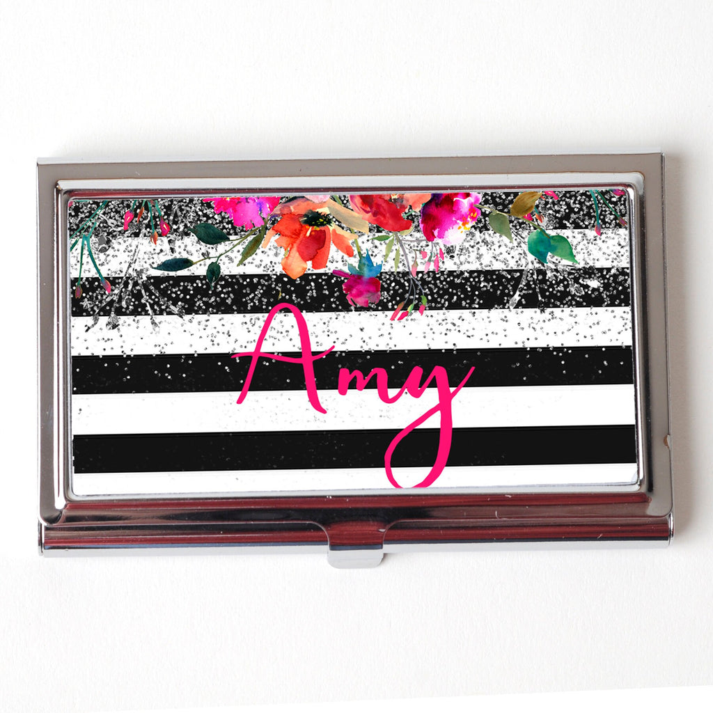 Floral Business Card Case for Women - Metal Business Card Holder - Personalized Black & White Stripe Silver Glitter Business Card Case