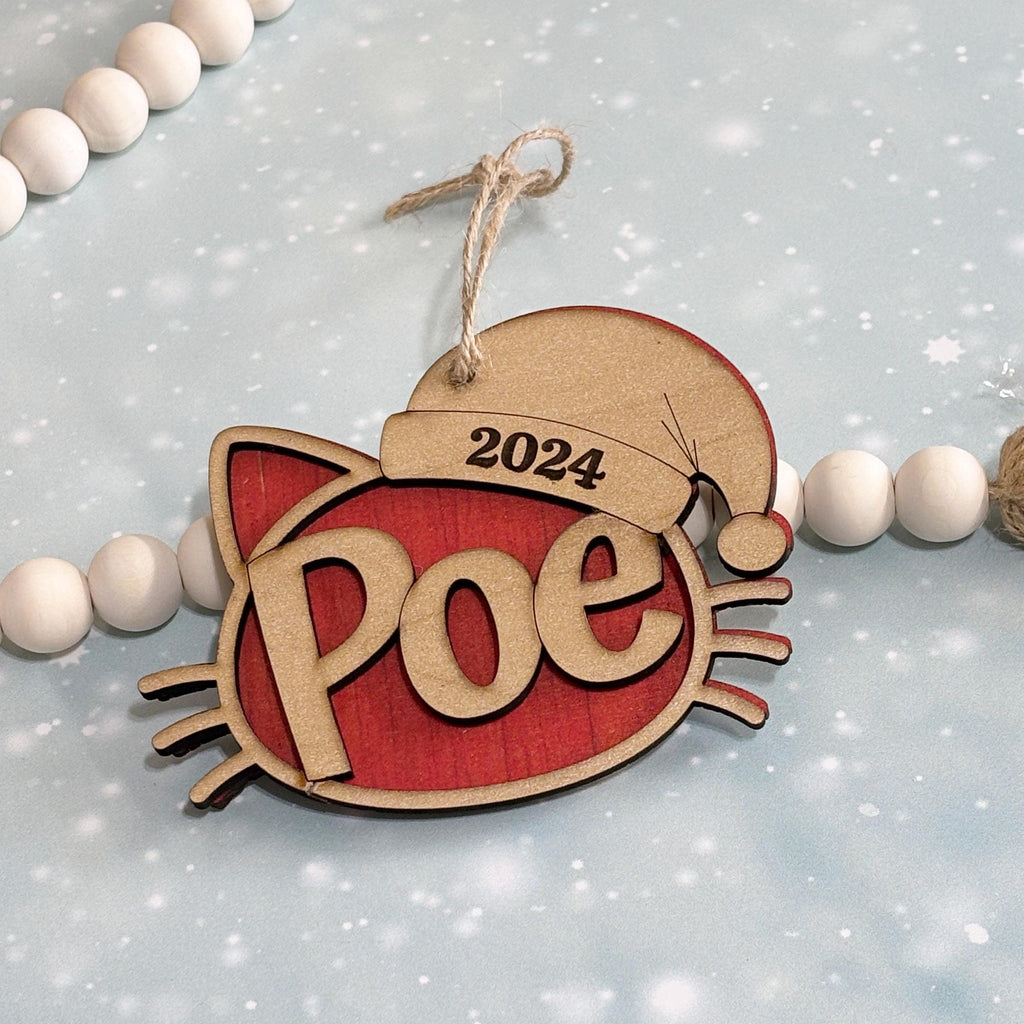 Personalized Cat Ornament Wooden Christmas Decoration Custom Pet Ornament 2024 Cat Face Santa Hat Tree Decor Handmade Wood Cat Lover Gift Holiday Present Pet Parent Keepsake Feline Themed Christmas