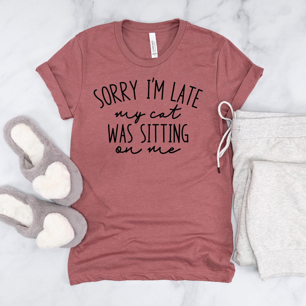 Funny Cat Shirt for Cat Mom - Sorry I'm Late, My Cat Was Sitting on Me Bella Canvas T-Shirt - Minimalist Aesthetic Introvert Homebody