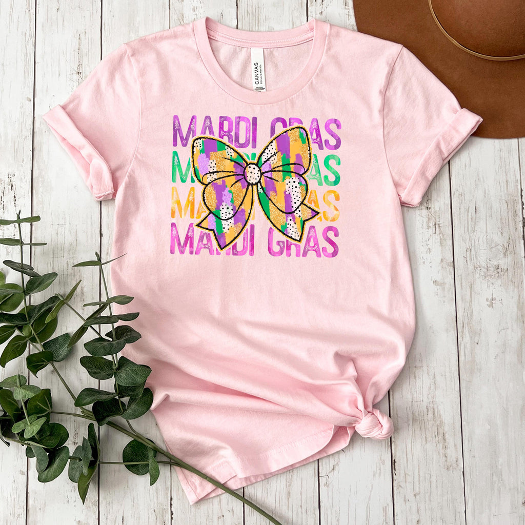 Mardi Gras Shirt - Purple Green Gold Coquette Bow New Orleans shirts for women - Carnival Outfit - Bella Canvas Tee