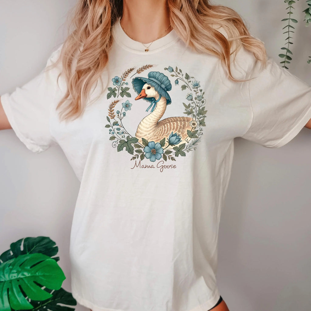 Vintage Mama Goose Comfort Colors Tee with Floral Bonnet Design, Cottagecore Aesthetic T-Shirt, Soft Washed Graphic Tee for Women
