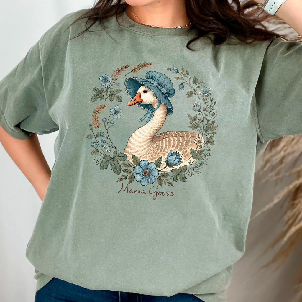 Vintage Mama Goose Comfort Colors Tee with Floral Bonnet Design, Cottagecore Aesthetic T-Shirt, Soft Washed Graphic Tee for Women