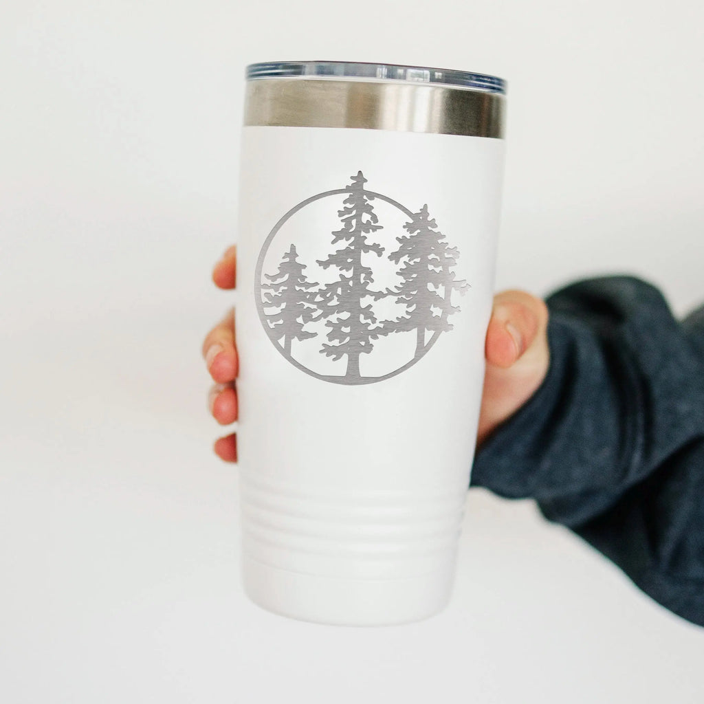 Outdoor Adventure Tumbler with Pine Tree Forest Design – Black Stainless Steel Travel Mug for Nature Lovers, Hikers, and Campers