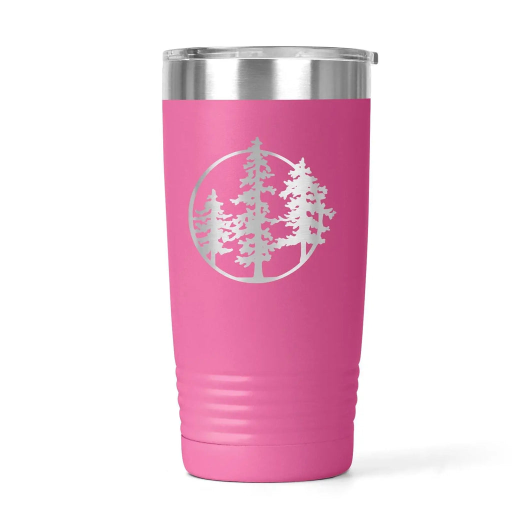 Outdoor Adventure Tumbler with Pine Tree Forest Design – Black Stainless Steel Travel Mug for Nature Lovers, Hikers, and Campers