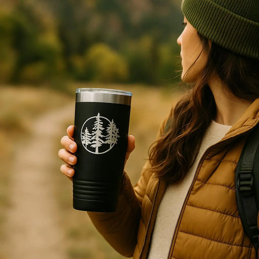 Outdoor Adventure Tumbler with Pine Tree Forest Design – Black Stainless Steel Travel Mug for Nature Lovers, Hikers, and Campers