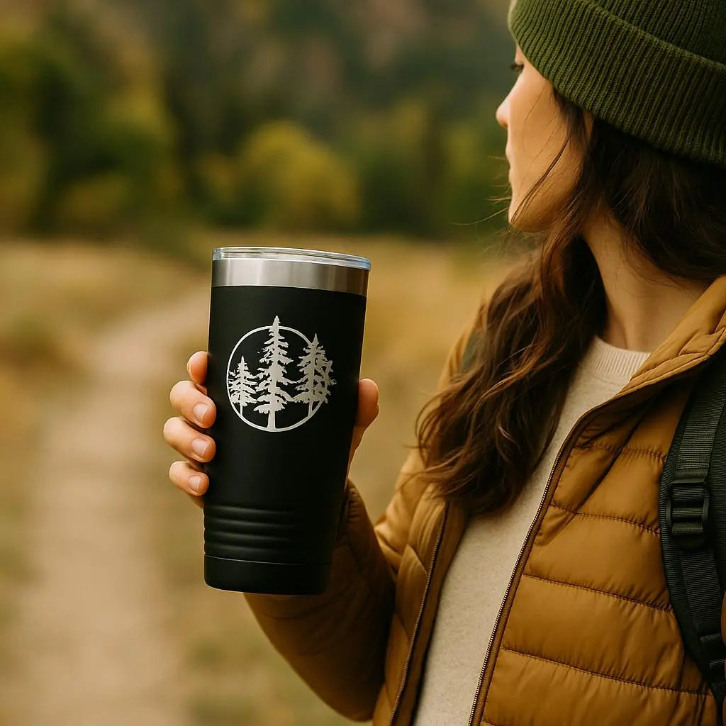 Outdoor Adventure Tumbler with Pine Tree Forest Design – Black Stainless Steel Travel Mug for Nature Lovers, Hikers, and Campers