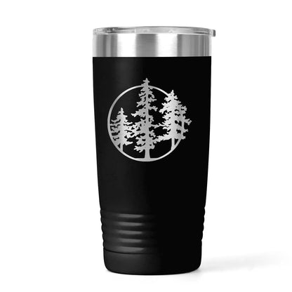 Outdoor Adventure Tumbler with Pine Tree Forest Design – Black Stainless Steel Travel Mug for Nature Lovers, Hikers, and Campers