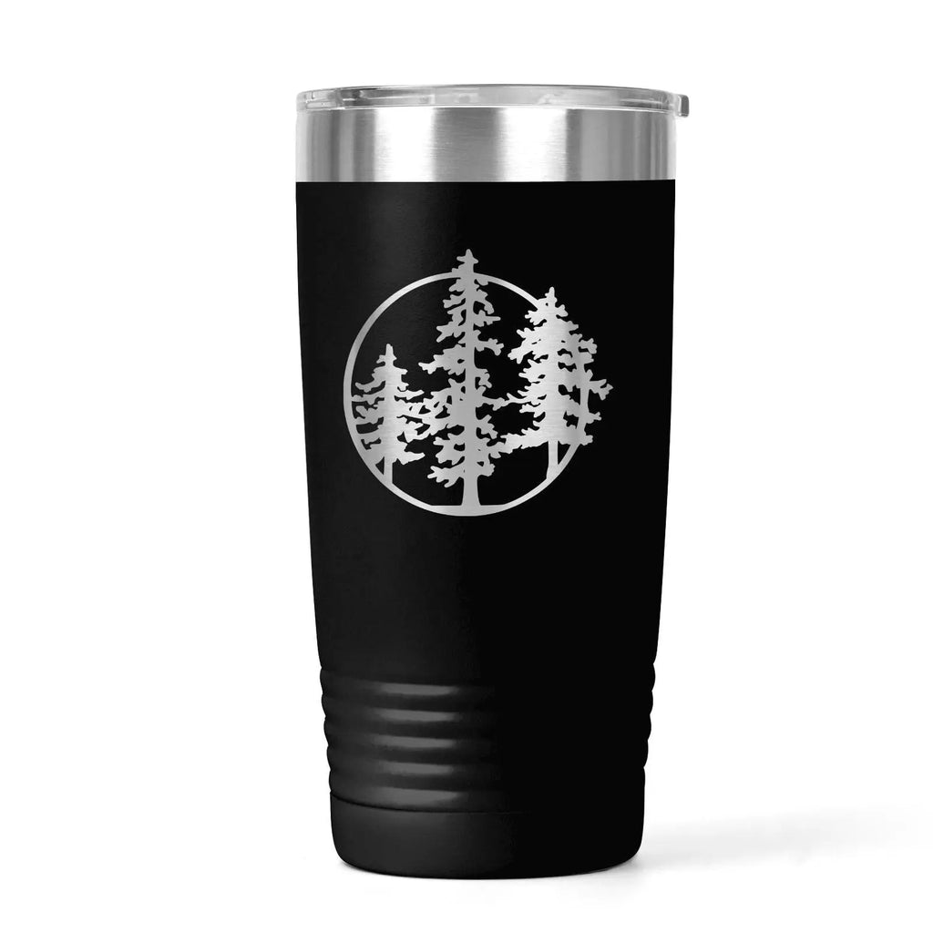 Outdoor Adventure Tumbler with Pine Tree Forest Design – Black Stainless Steel Travel Mug for Nature Lovers, Hikers, and Campers