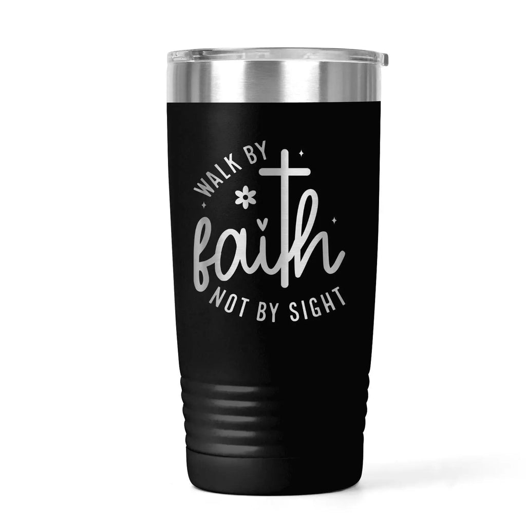 Christian Travel Tumbler with “Walk by Faith Not by Sight” Quote – Insulated Stainless Steel Pink Cup with Lid – Religious Gift for Women