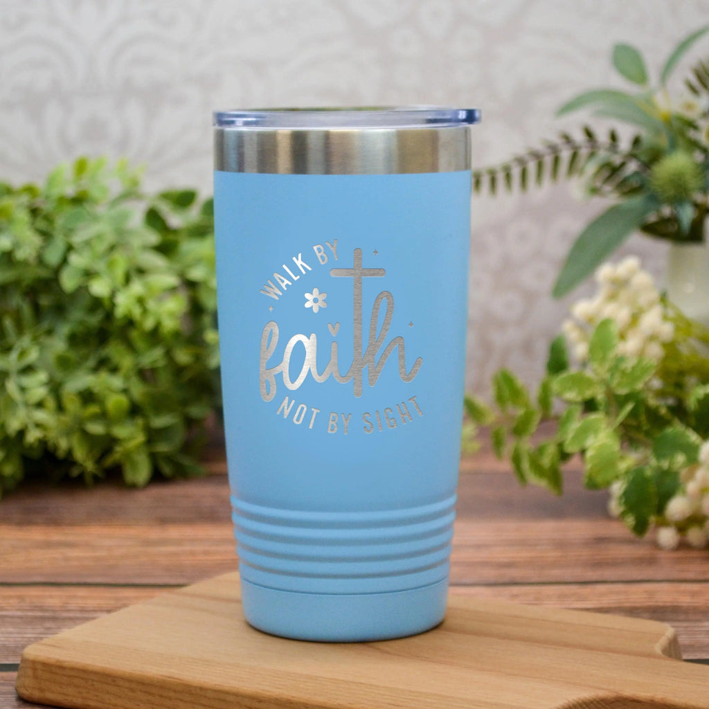 Christian Travel Tumbler with “Walk by Faith Not by Sight” Quote – Insulated Stainless Steel Pink Cup with Lid – Religious Gift for Women