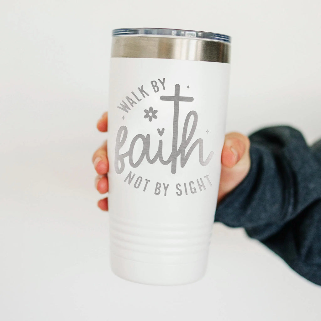 Christian Travel Tumbler with “Walk by Faith Not by Sight” Quote – Insulated Stainless Steel Pink Cup with Lid – Religious Gift for Women