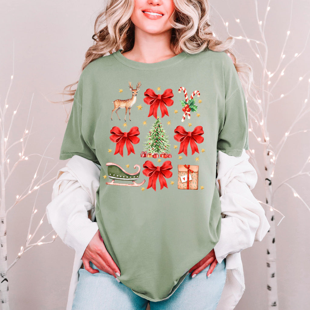 Comfort Colors Christmas T-shirt, Vintage Holiday Graphic Tee, Cozy Festive Reindeer Sleigh Bows Candy Cane Gift Top