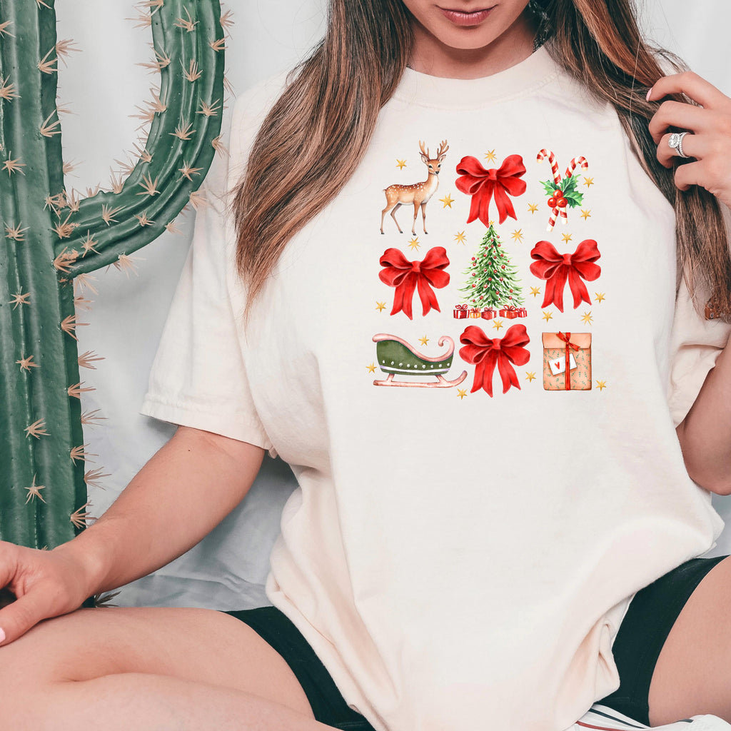 Comfort Colors Christmas T-shirt, Vintage Holiday Graphic Tee, Cozy Festive Reindeer Sleigh Bows Candy Cane Gift Top