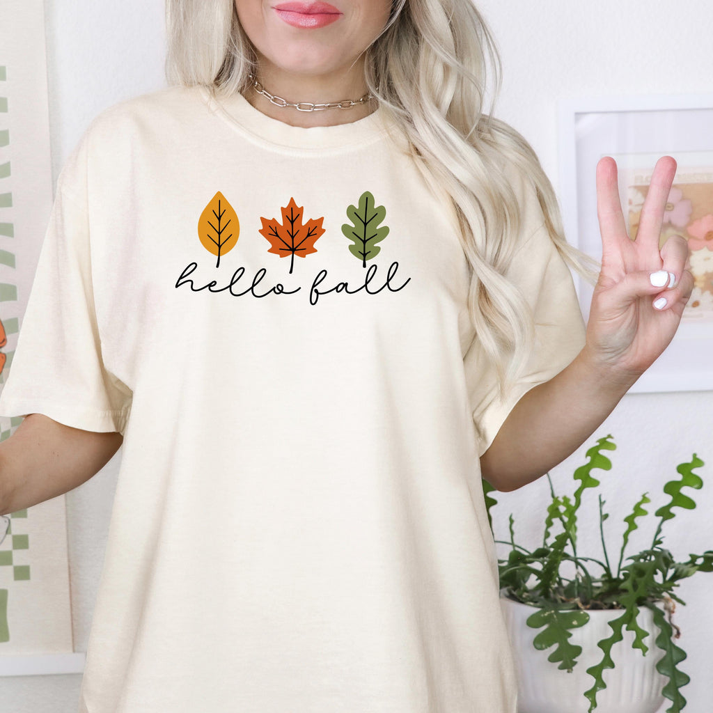 Comfort Colors T-shirt Minimalistic Hello Fall with Leaves Graphic, Vintage Style Cozy Fall Top, Gift for Autumn, Relaxed Fit Casual Tee