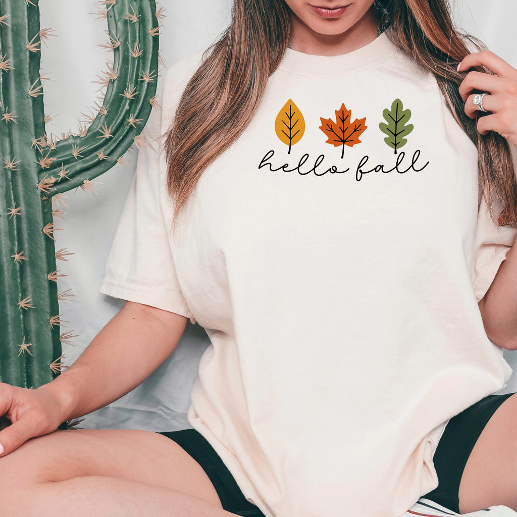 Comfort Colors T-shirt Minimalistic Hello Fall with Leaves Graphic, Vintage Style Cozy Fall Top, Gift for Autumn, Relaxed Fit Casual Tee