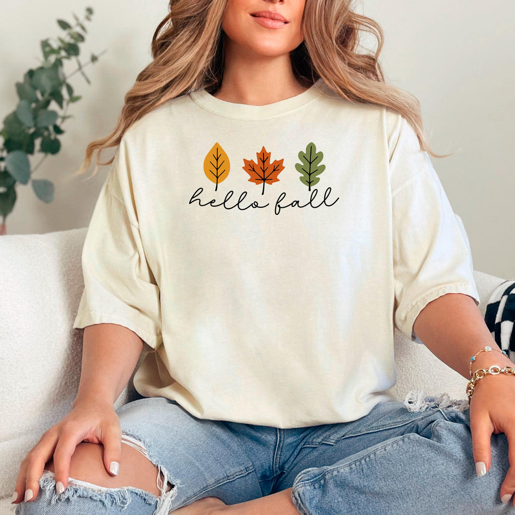 Comfort Colors T-shirt Minimalistic Hello Fall with Leaves Graphic, Vintage Style Cozy Fall Top, Gift for Autumn, Relaxed Fit Casual Tee