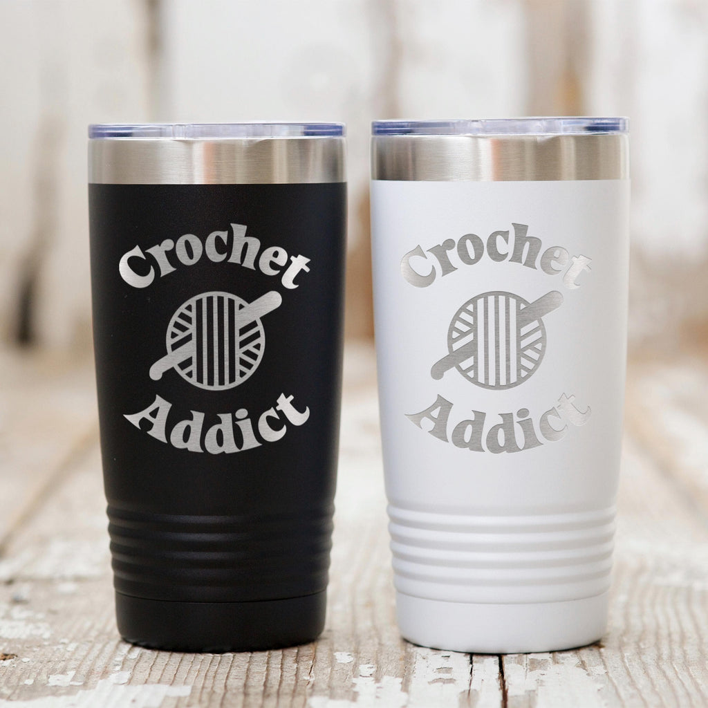 Crochet Tumbler 20 oz Insulated Travel Mug with Engraved Crochet Addict Design, Hot Cold Drink Cup for Crochet Enthusiasts, Gift Idea