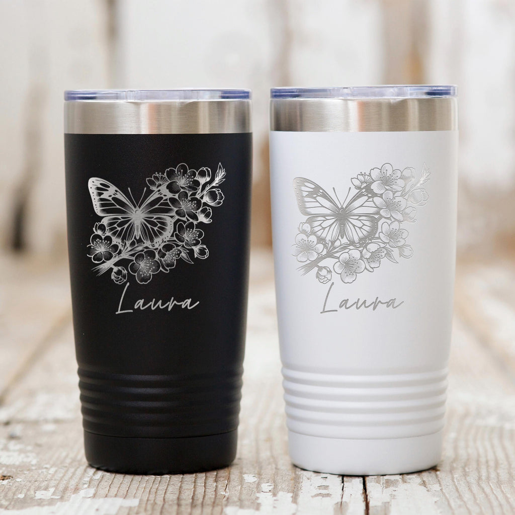 Personalized Butterfly Floral 20 oz Tumbler with Name Custom Coffee Mug Insulated Keepsake Gift for Her Birthday Holiday