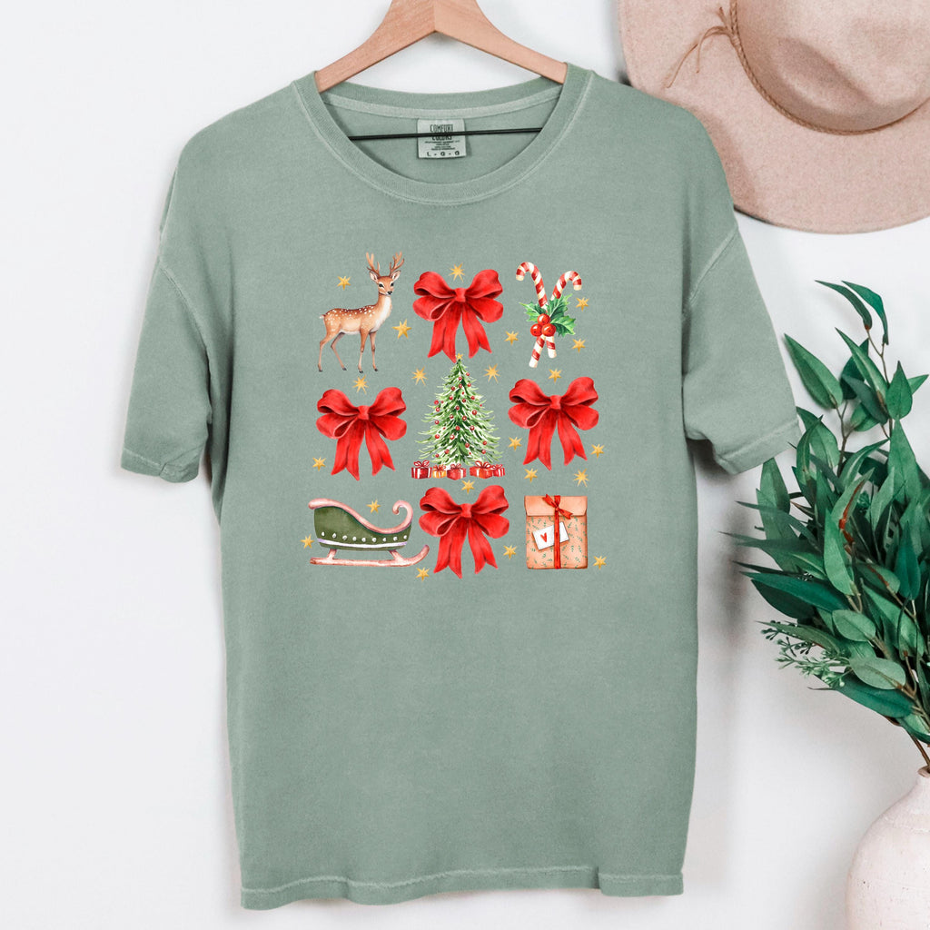 Comfort Colors Christmas T-shirt, Vintage Holiday Graphic Tee, Cozy Festive Reindeer Sleigh Bows Candy Cane Gift Top