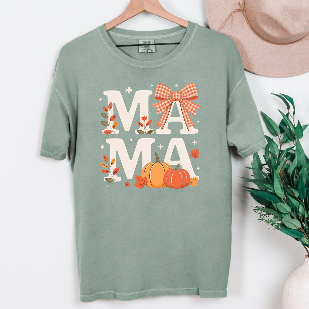 Comfort Colors T-shirt Fall Pumpkin Coquette Bow Mama Shirt, vintage style cozy tee for moms and fall outfits