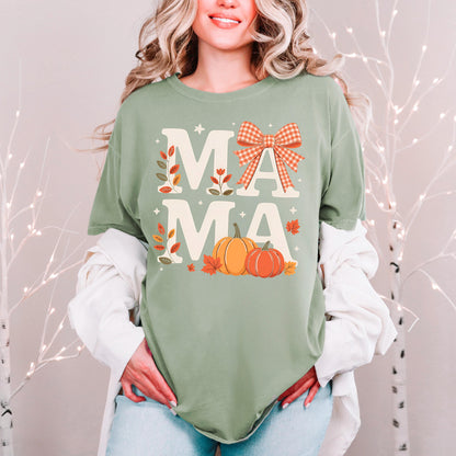 Comfort Colors T-shirt Fall Pumpkin Coquette Bow Mama Shirt, vintage style cozy tee for moms and fall outfits